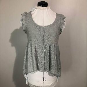 Blouse Medium NY Collection Sleeveless Gray Lacey  Button Up C3860